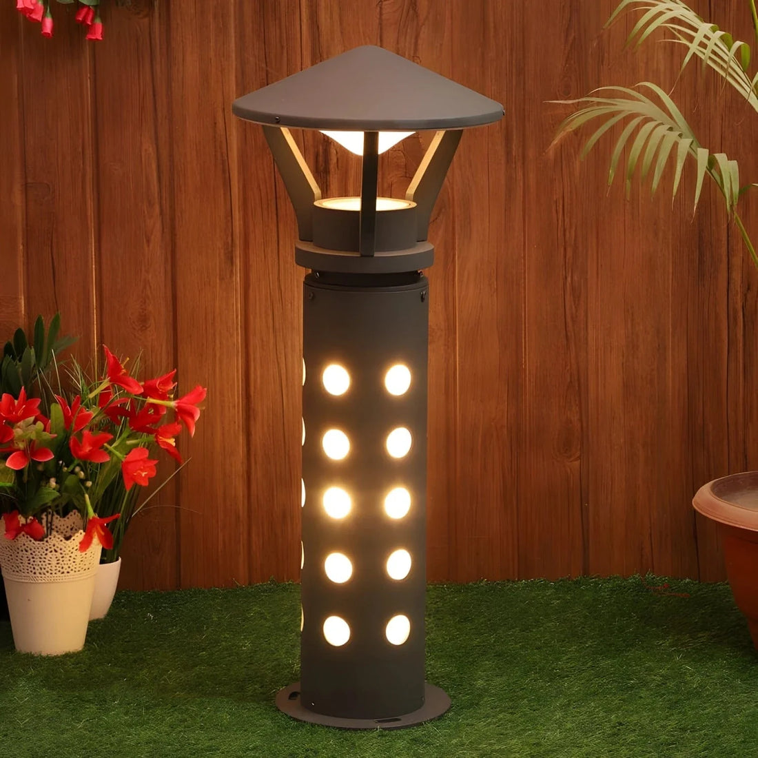 Luxiono Lighting Modern Round-Conical Grey Polka-Dotted Small 15 Inch Cast Aluminum Outdoor Gate Pillar Light Post Lamp