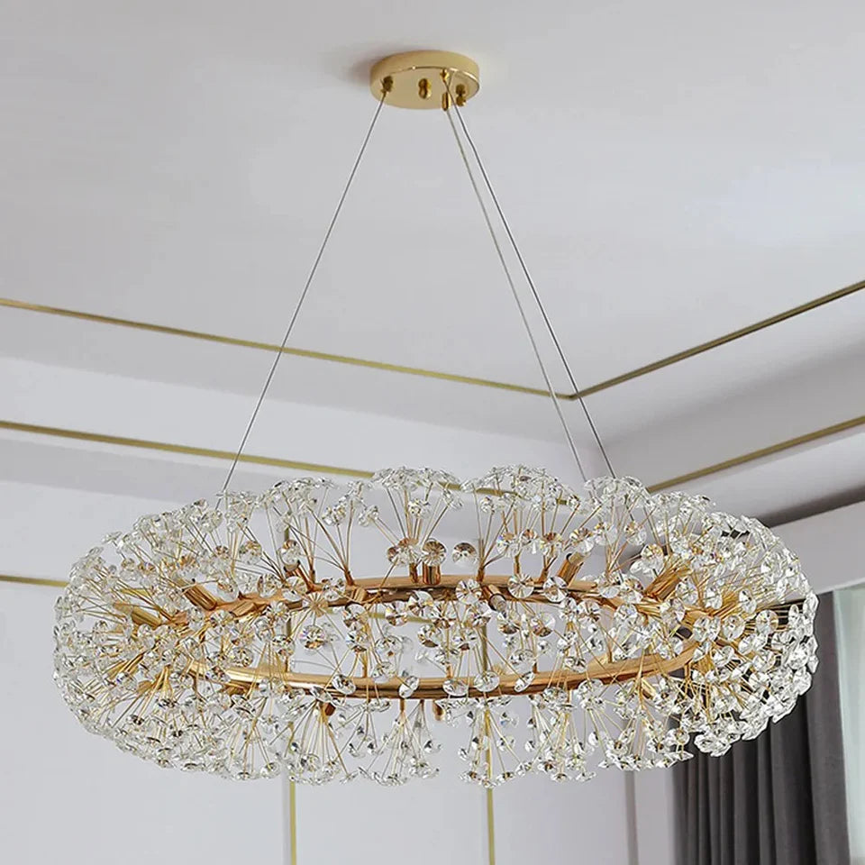 Luxiono Lighting Golden Radiance Burst Round Crystal Chandelier – 24” Luxury Ceiling Light with K9 Crystals for Living Room, Dining Area & Bedroom