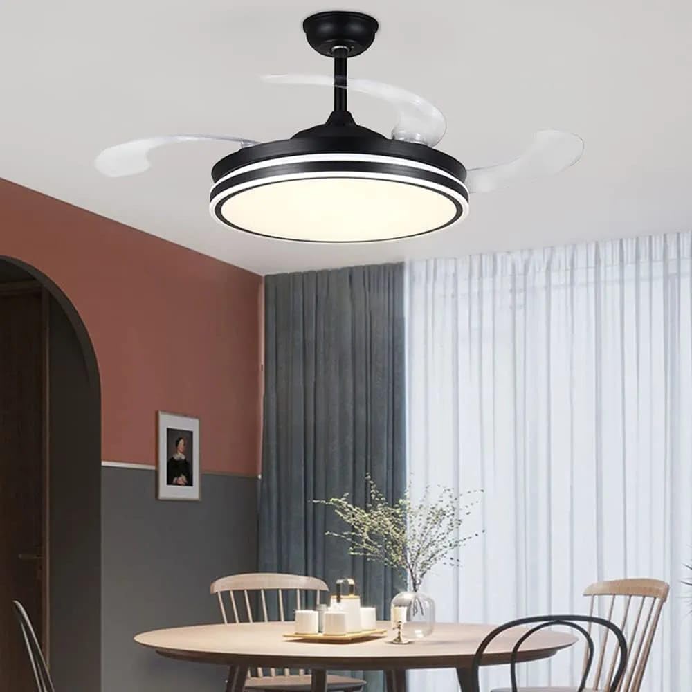 Luxiono Lighting Black 42" Chandelier Fan with 4 Transparent Retractable ABS Fan Blades Ceiling Fan Light with Remote Control 6 Speed Function - Tricolour Dimmable |White, Warm White, Natural White| (Black)