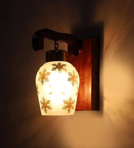 Luxiono Lighting  Sheesham Wood Wall Light/E 27 Bulb Base/U-Downlight Design/Gold Plated Metal Cap/Gold Leaf Printed Glass/Antique/Home/Office Decor