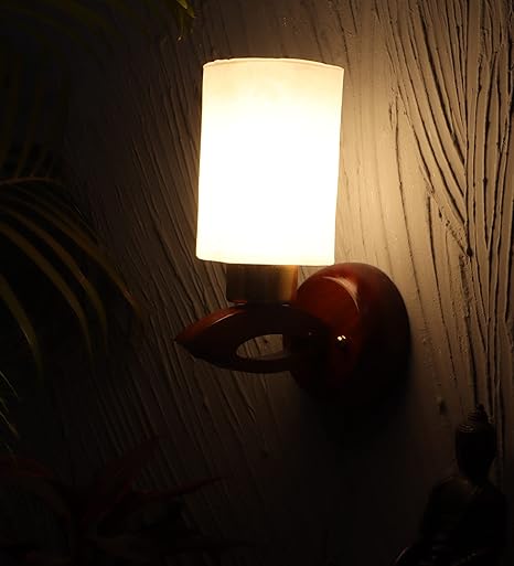 Luxiono Lighting Wood Wall Light/E 27 Bulb Holder/Gold Plated Metal Cap/Brass Rivets/Designer White Printed Square Glass/Antique/Home/Office Decor