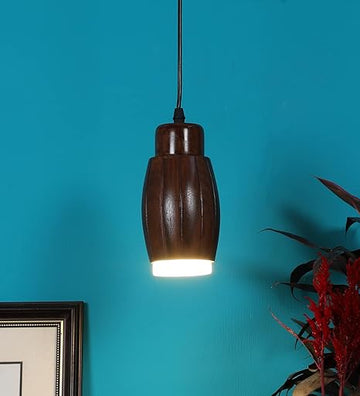 Luxiono Lighting Sheesham Wood Hanging Ceiling Pendant Light | Unique Aesthetic Barrel Design | in-Built 9W Warm White LED | ( Bulb Included )