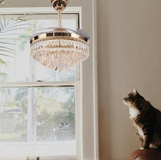 Luxiono Lighting 42" Golden Crystal Ceiling Fan Chandelier with Remote – Retractable Blades & Tricolor LED (T8335)