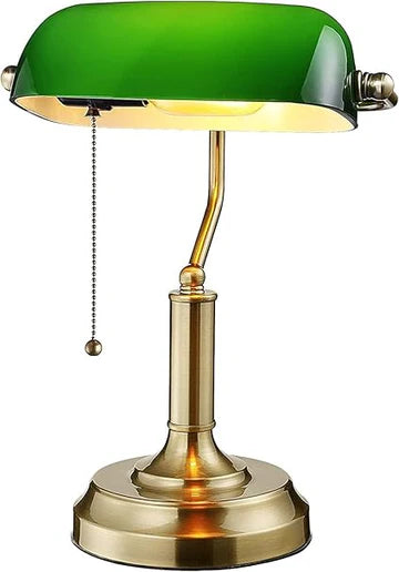 Luxiono Lighting Traditional Banker Lamp,Antique Desk Lamps with Brass Finish Base, raditional Library Lamp with Pull Chain, E26 Base, Vintage Desk Lamp for Office, Study Room,with Bulb (Metal, Green Shade)
