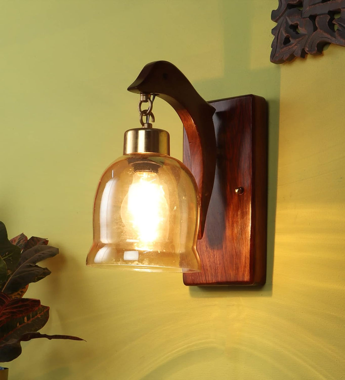 Luxiono Lighting  Wood Wall Lamp with Unique Fish Design/Gold Plated Metal Cap, Brass Hook along with Luster Bell Glass with E27 Bulb Holder(Bulb not Included) for Bedroom, Living Room, Hallway or any Space of Your Choice