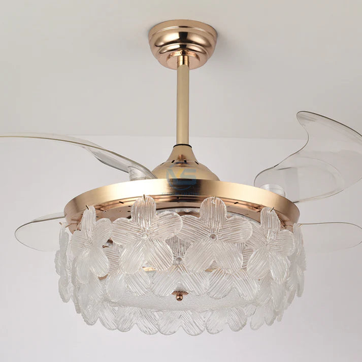 Floral Crystal Ceiling Fan Chandelier – Luxury Gold Retractable Blades with LED 3-Color Light & Remote Control | Luxiono Lighting