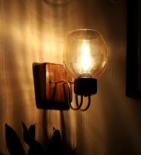 Luxiono Lighting Sheesham Wood Wall Light/Wall Lamp | Luster Glass | E27 Bulb Holder(Bulb not Included) | Gold Plated Accents | for Bedroom, Living Room, Study Room, Dining Room, Hallway