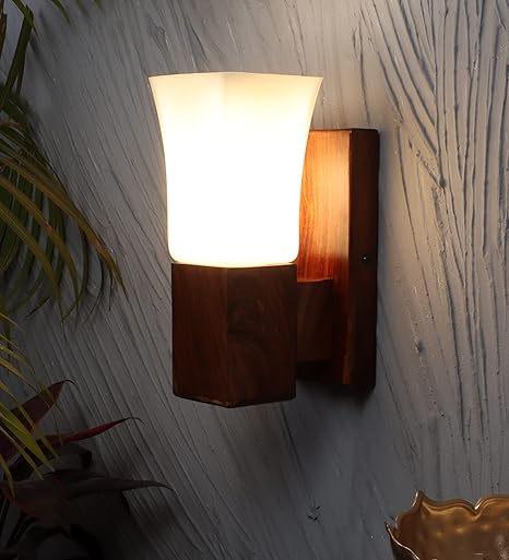 Luxiono Lighting Sheesham Wood Wall Light Lamp | White Square Glass with E27 Bulb Holder(Bulb not Included) | Perfect Diwali Home Decor Lighting for Bedroom, Living Room, Dining Room, Hallway