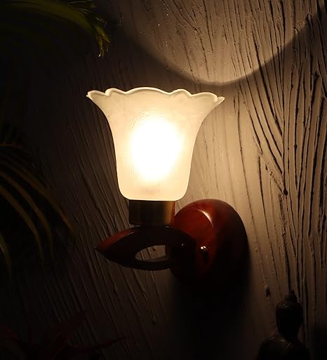 Luxiono Lighting  Wood Wall Light/E 27 Bulb Holder/Gold Plated Metal Cap/Brass Rivets/Floral Designer Glass/Antique/Home/Office Decor