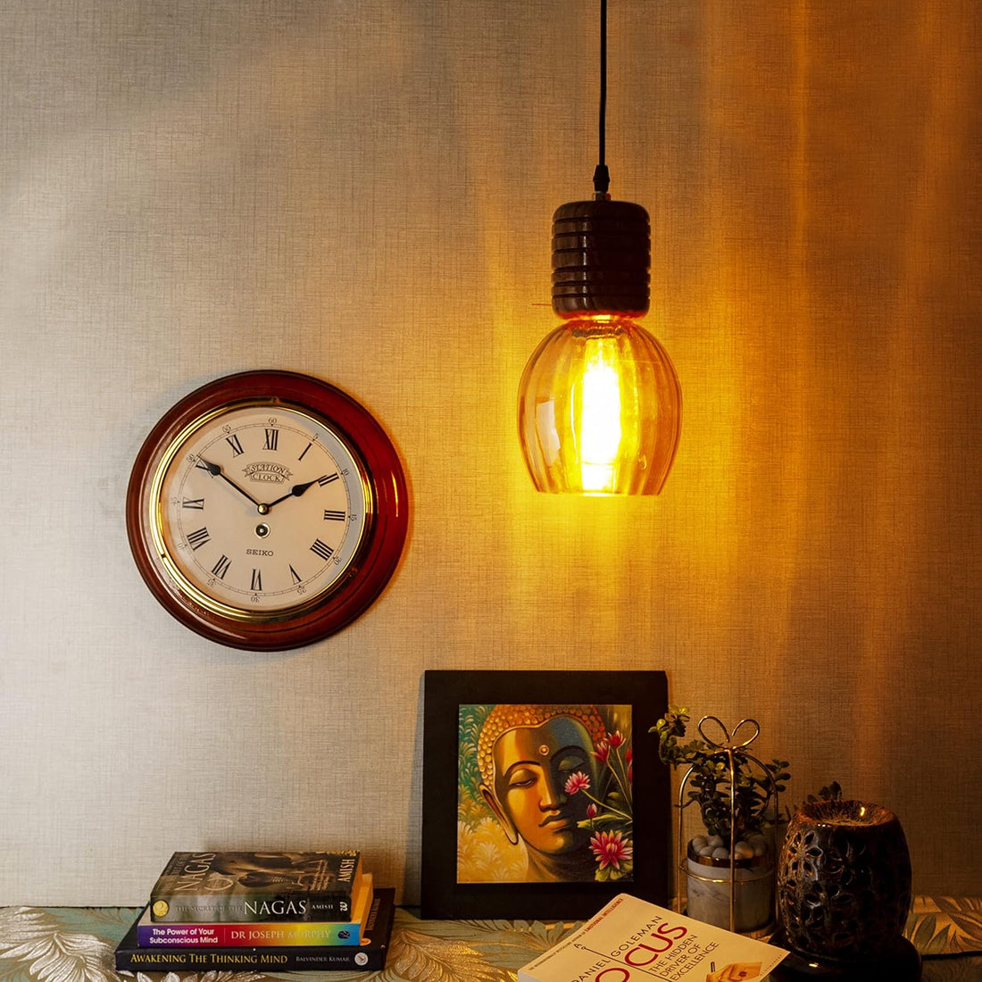 Luxiono Lighting Handmade Sheesham Wood Hanging Pendant Ceiling Jhumar | Home Decor Lighting | E27 Bulb Holder(Bulb not Included) | Lustre Glass | Living Room, Dining Room, Bedroom, Hallway