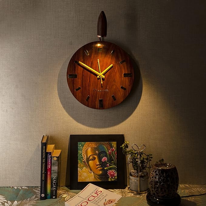 Luxiono Lighting Sheesham Wood Unique 12X12 Wall Clock With Spotlight/Focus Light Attachment Of 3W In-Built Warm White Led Ft. Rose Gold Plated Metal Spring-Analog