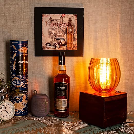 Luxiono Lighting Sheesham Wood Table Lamp/E 27 Bulb Holder(Bulb not Included)/Luster Glass/Antique/Vintage Style/Home/Office Decor/Conference Room/Bar/Restaurants