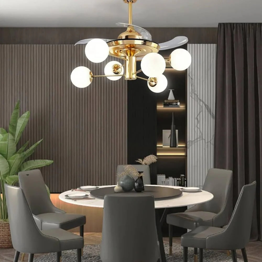 0 Light Frost Glass Ceiling Fan Chandelier 42 Inch Gold Retractable Light LED 3 Color Setting Control with Remote - Warm White