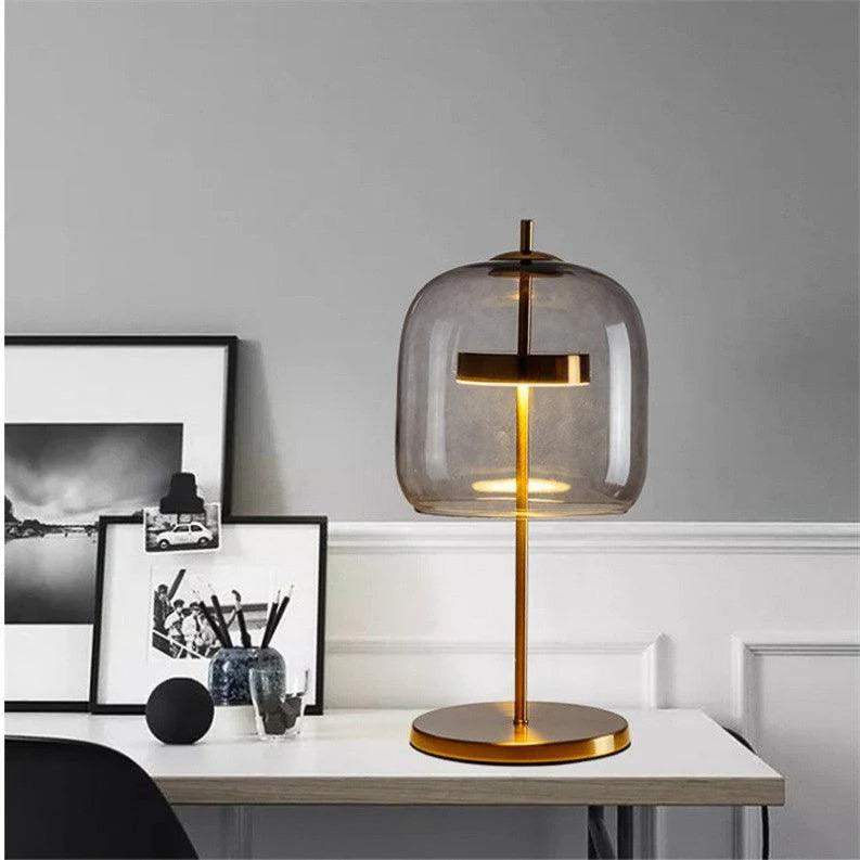 Sweet Escape Glass Table Lamp – Built-In LED Warm White Light with Amber & Grey Cognac Glass Shade & Gold Base for Home & Office | Luxiono Lighting