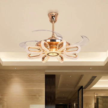 42-Inch Golden Crystal Wormhole Ceiling Fan Chandelier with Remote – Retractable Blades & Trio Light LED | Luxiono Lighting